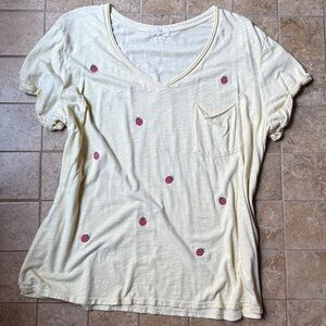 Anthropologie T.La Lars Classic V-neck Embroidered Strawberries Tee Lemon Yellow